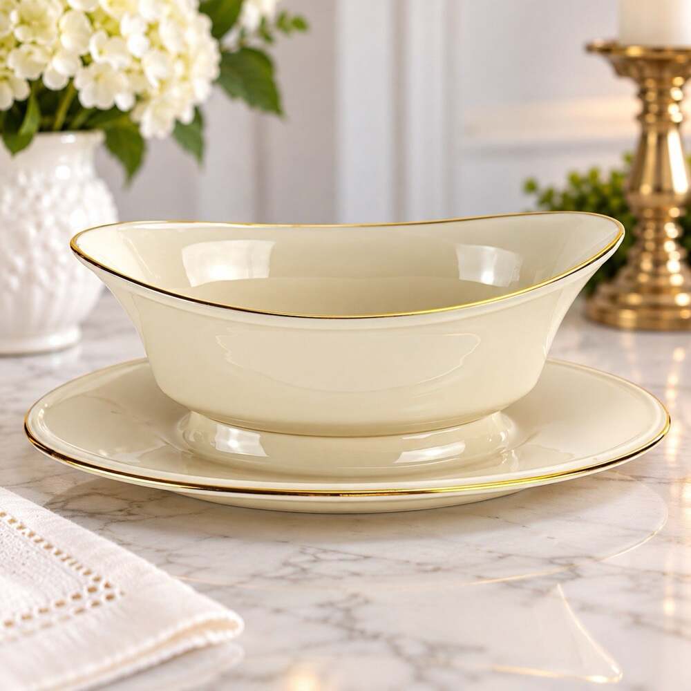 Vintage Lenox Special Ivory Gold Trim Oval Gravy Boat & Underplate Made in USA